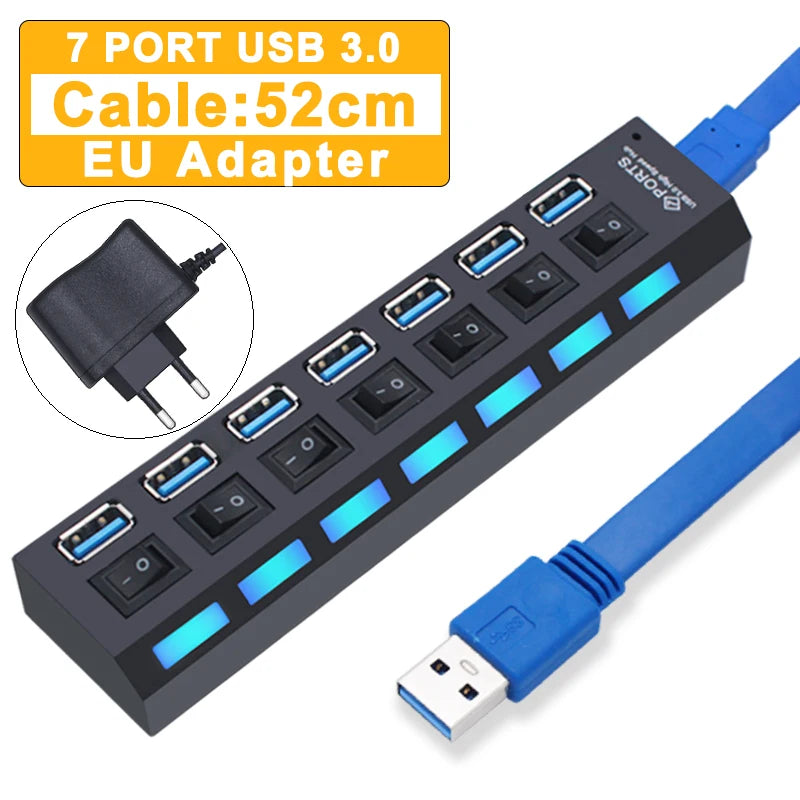 Hub USB 3.0 expansor multi portas com switch em fundo branco