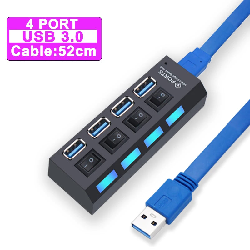 Hub USB 3.0 expansor multi portas com switch em fundo branco