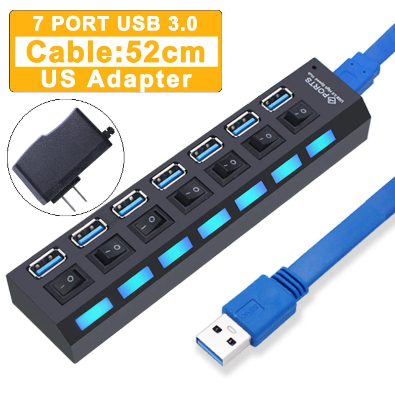 Hub USB 3.0 expansor multi portas com switch em fundo branco
