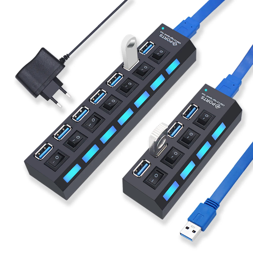 Hub USB 3.0 expansor multi portas com switch em fundo branco