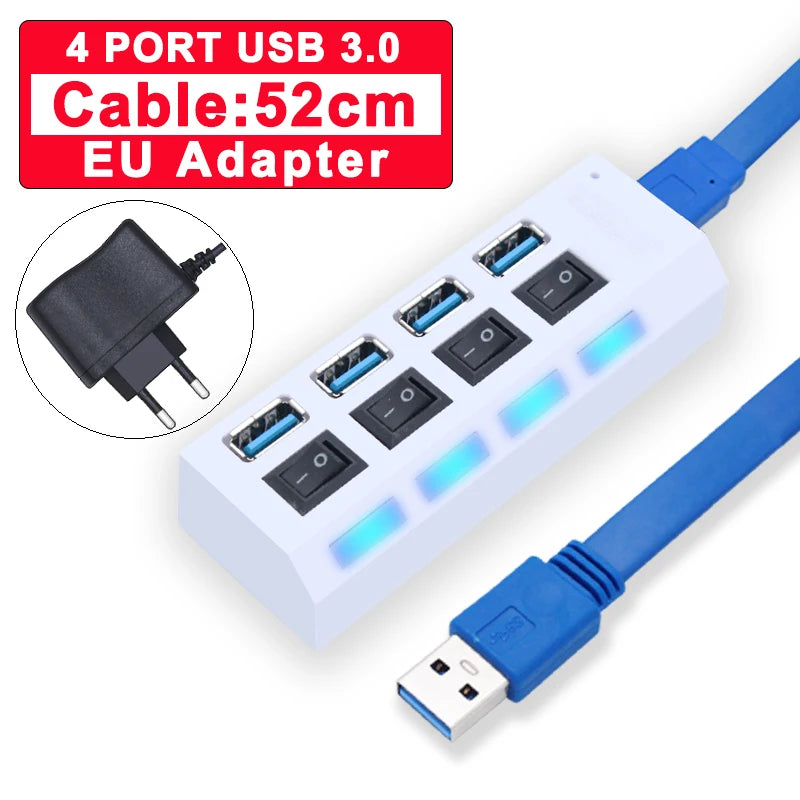 Hub USB 3.0 expansor multi portas com switch em fundo branco
