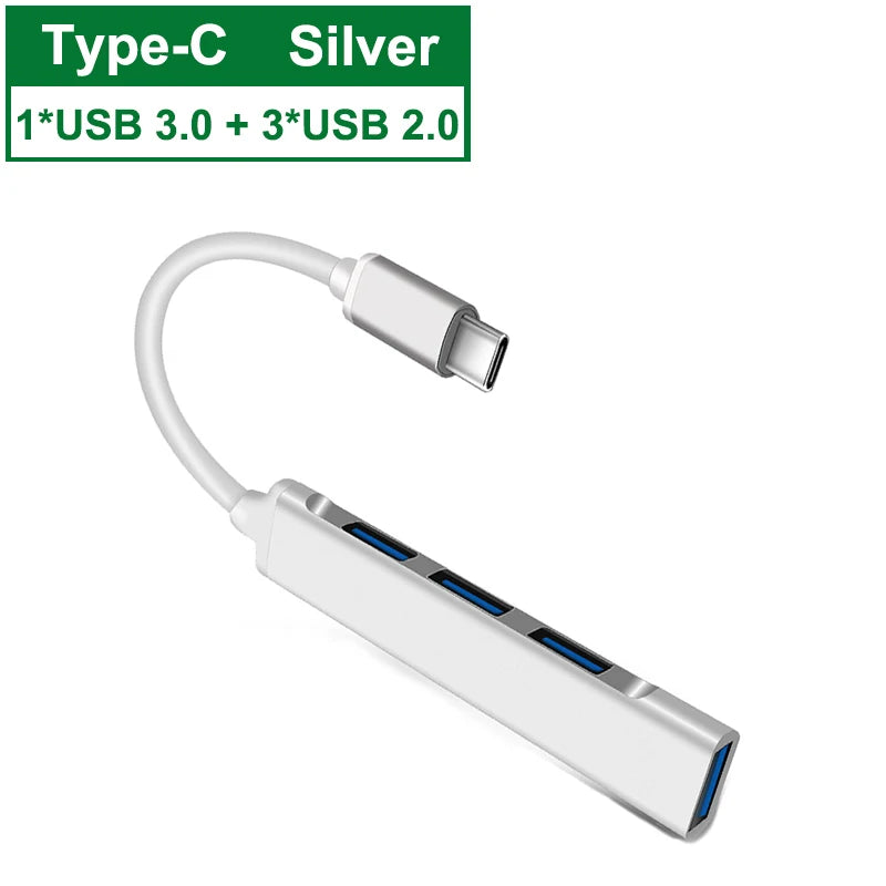 Hub USB-C adaptador 4 portas USB 3.0 em fundo branco