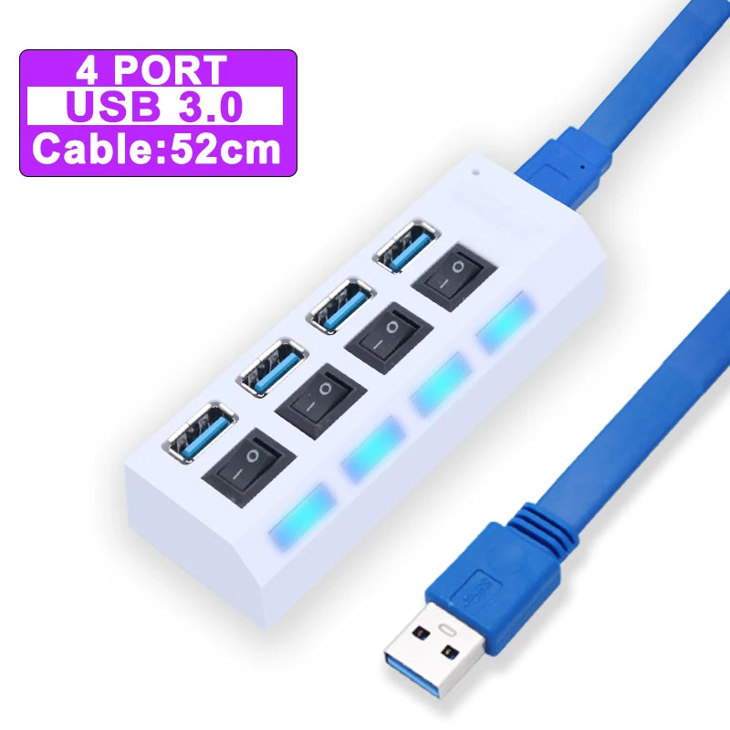 Hub USB 3.0 expansor multi portas com switch em fundo branco
