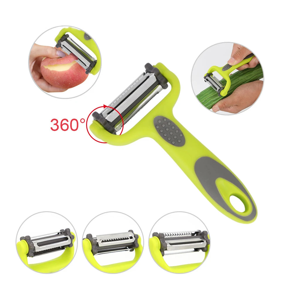 Descascador rotativo multifuncional 3 em 1 para cozinha em fundo branco