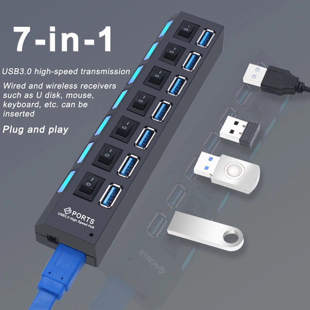 Hub USB 3.0 expansor multi portas com switch em fundo branco