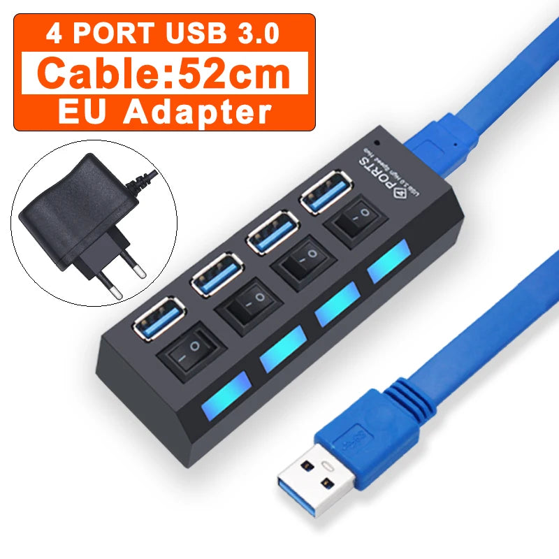 Hub USB 3.0 expansor multi portas com switch em fundo branco