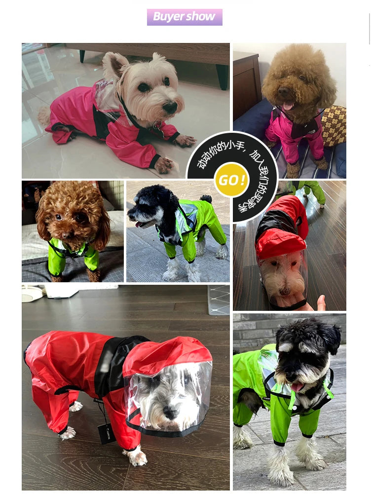Capa de chuva impermeável para cães com capuz em fundo branco