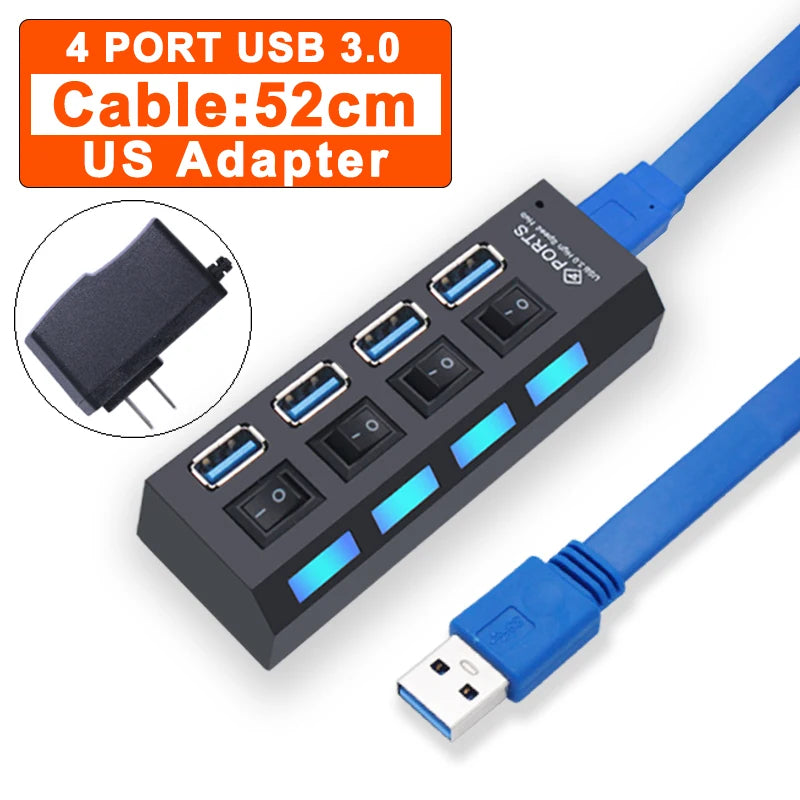 Hub USB 3.0 expansor multi portas com switch em fundo branco