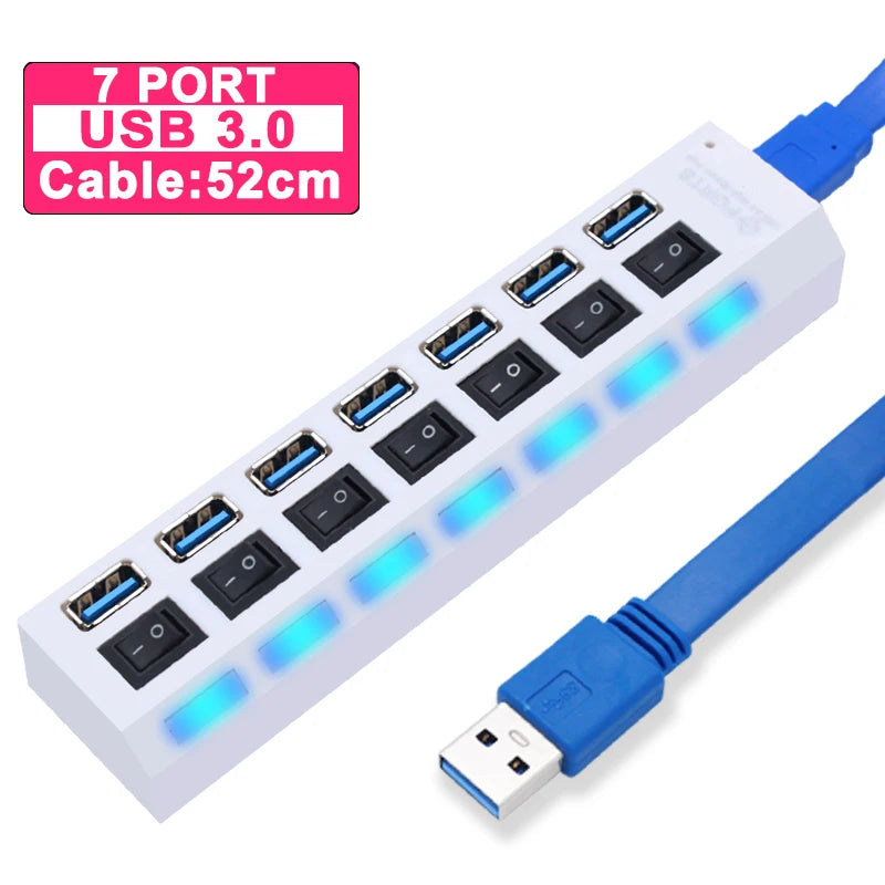 Hub USB 3.0 expansor multi portas com switch em fundo branco