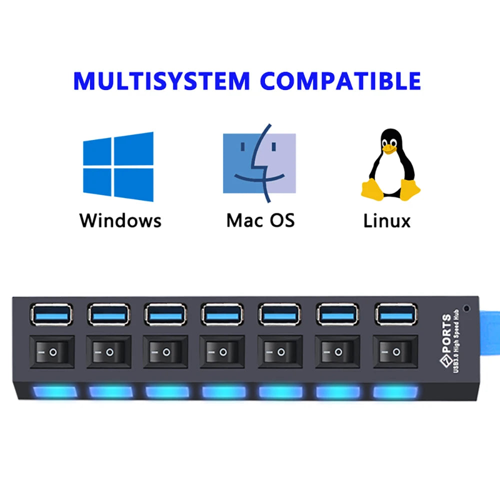 Hub USB 3.0 expansor multi portas com switch em fundo branco