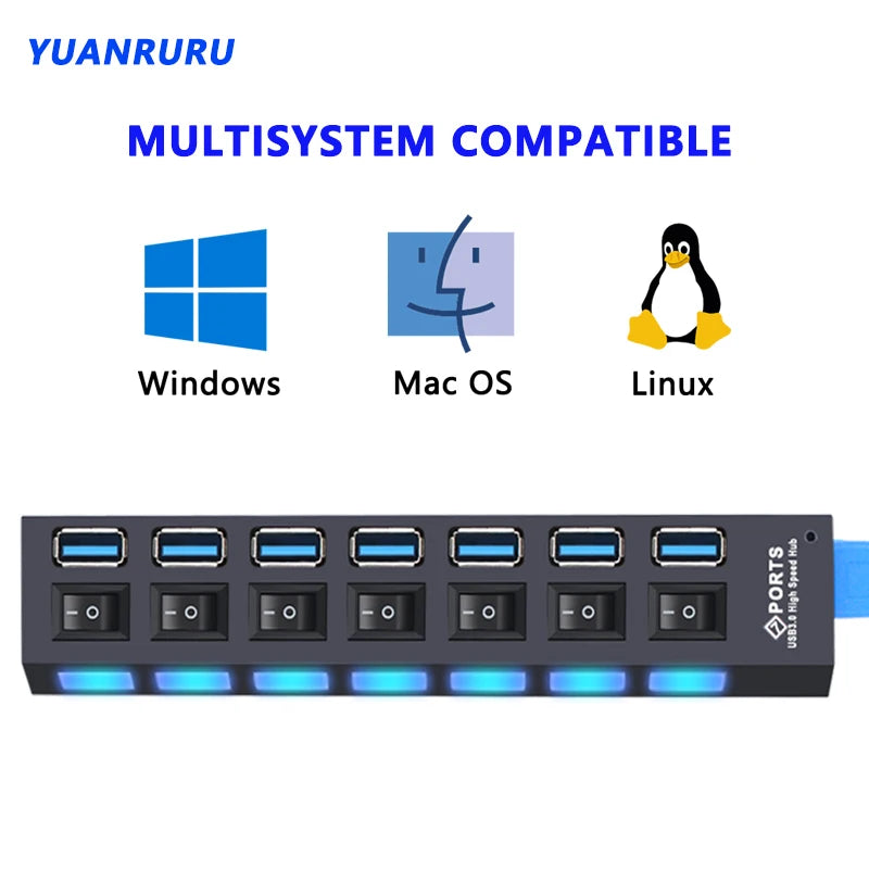 Hub USB 3.0 expansor multi portas com switch em fundo branco