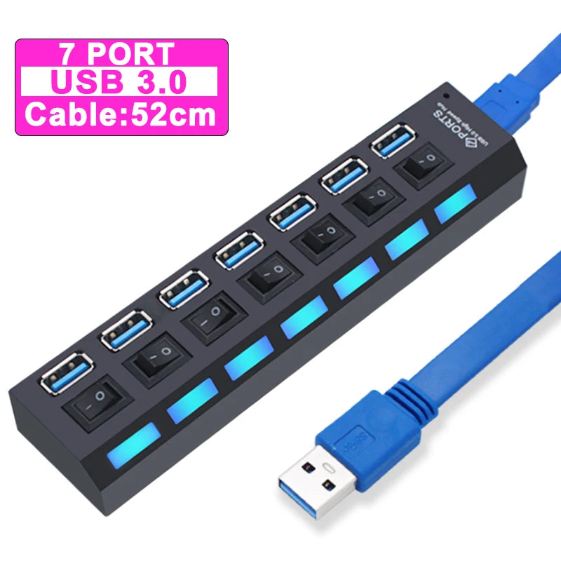 Hub USB 3.0 expansor multi portas com switch em fundo branco