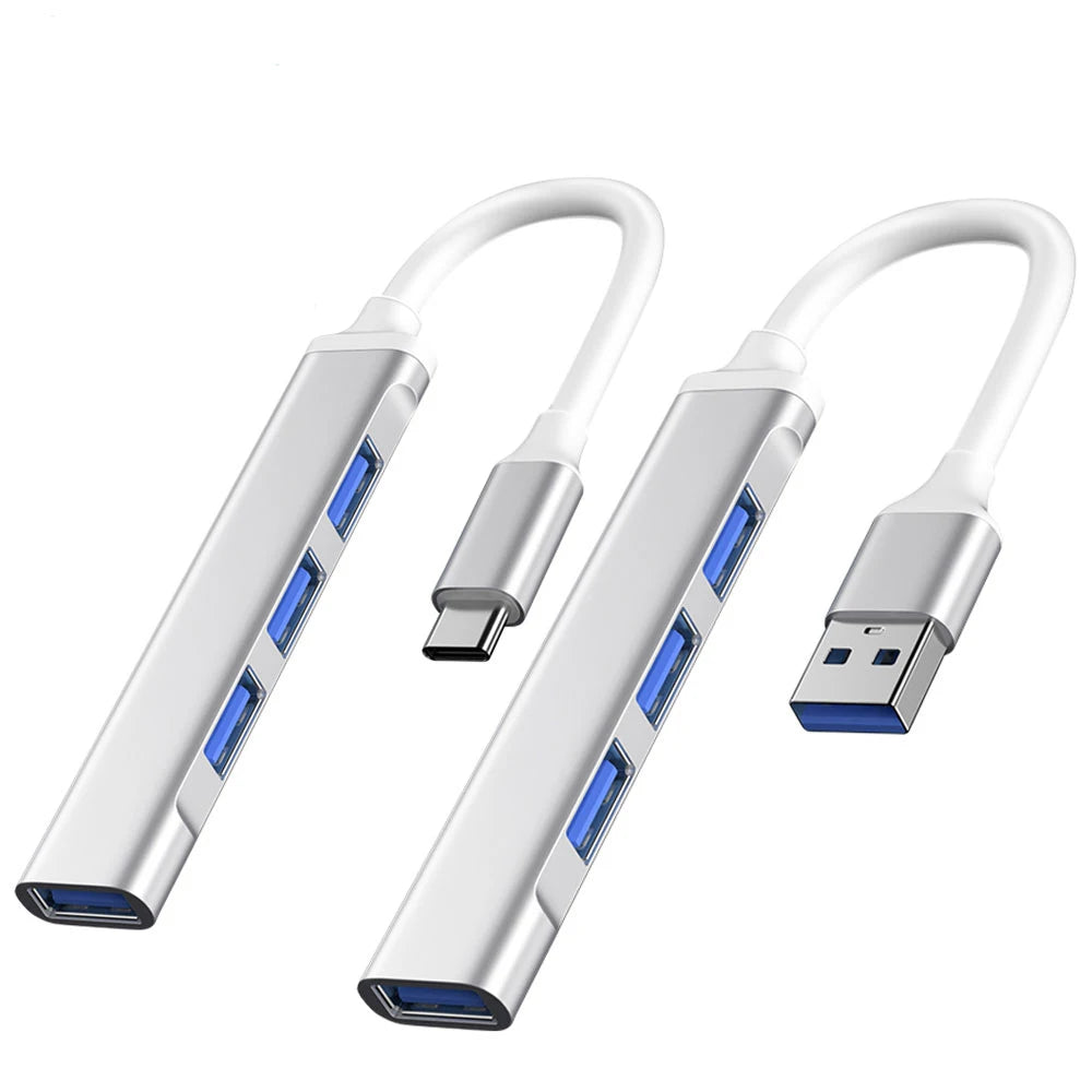 Hub USB-C adaptador 4 portas USB 3.0 em fundo branco
