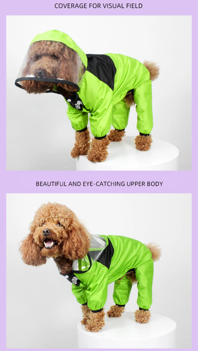 Capa de chuva impermeável para cães com capuz em fundo branco