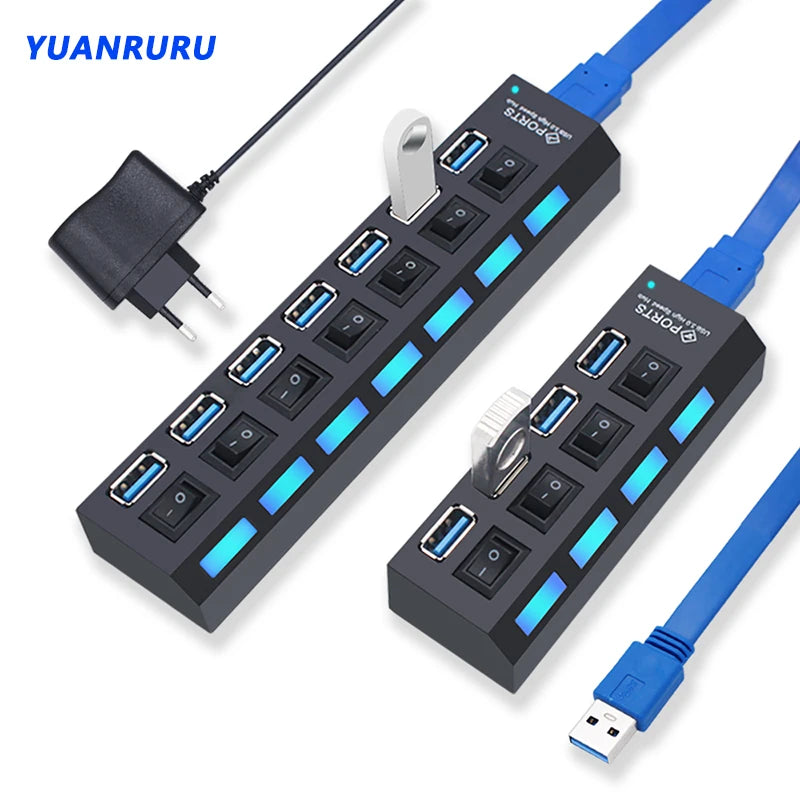 Hub USB 3.0 expansor multi portas com switch em fundo branco