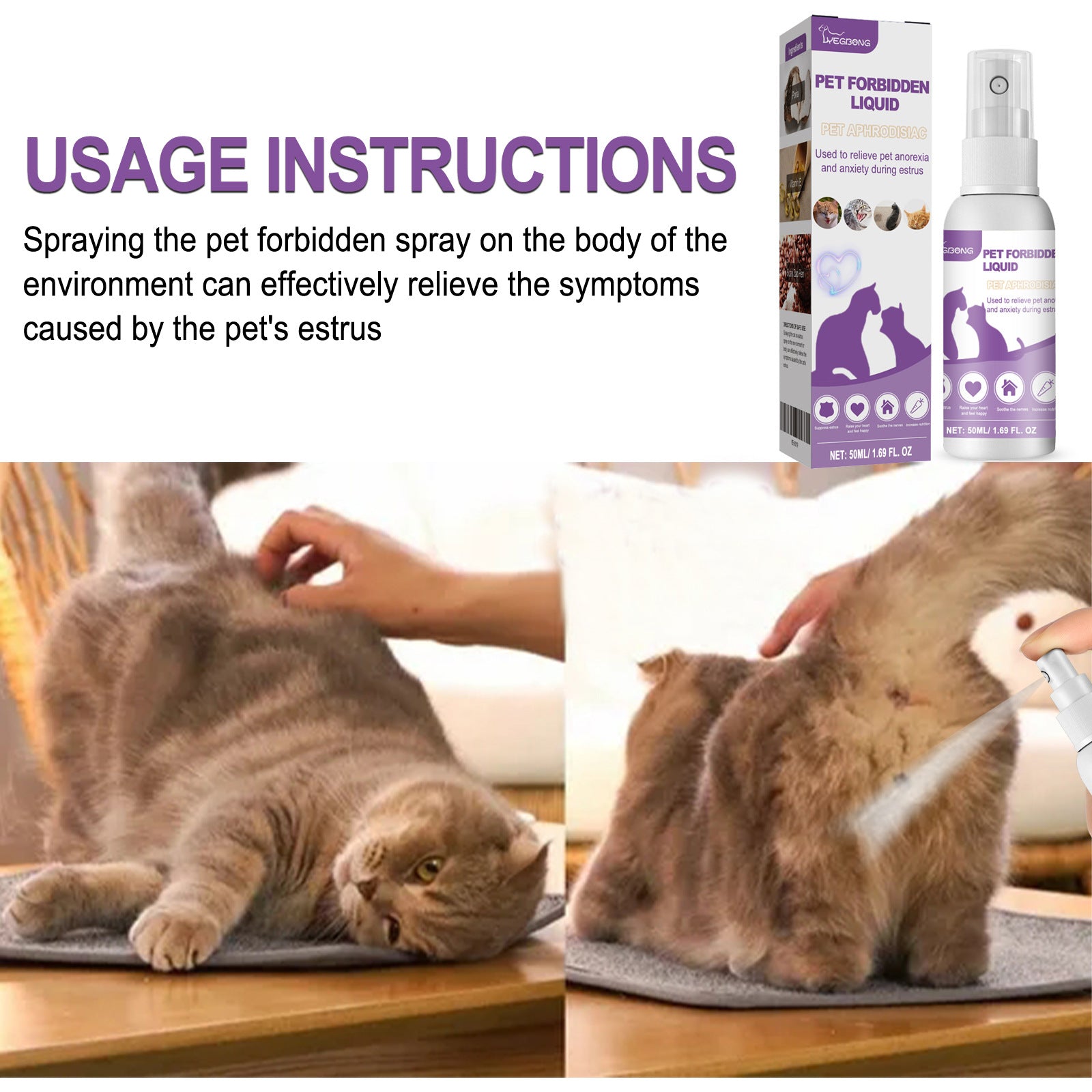 Spray calmante com feromônio para cães e gatos em fundo branco
