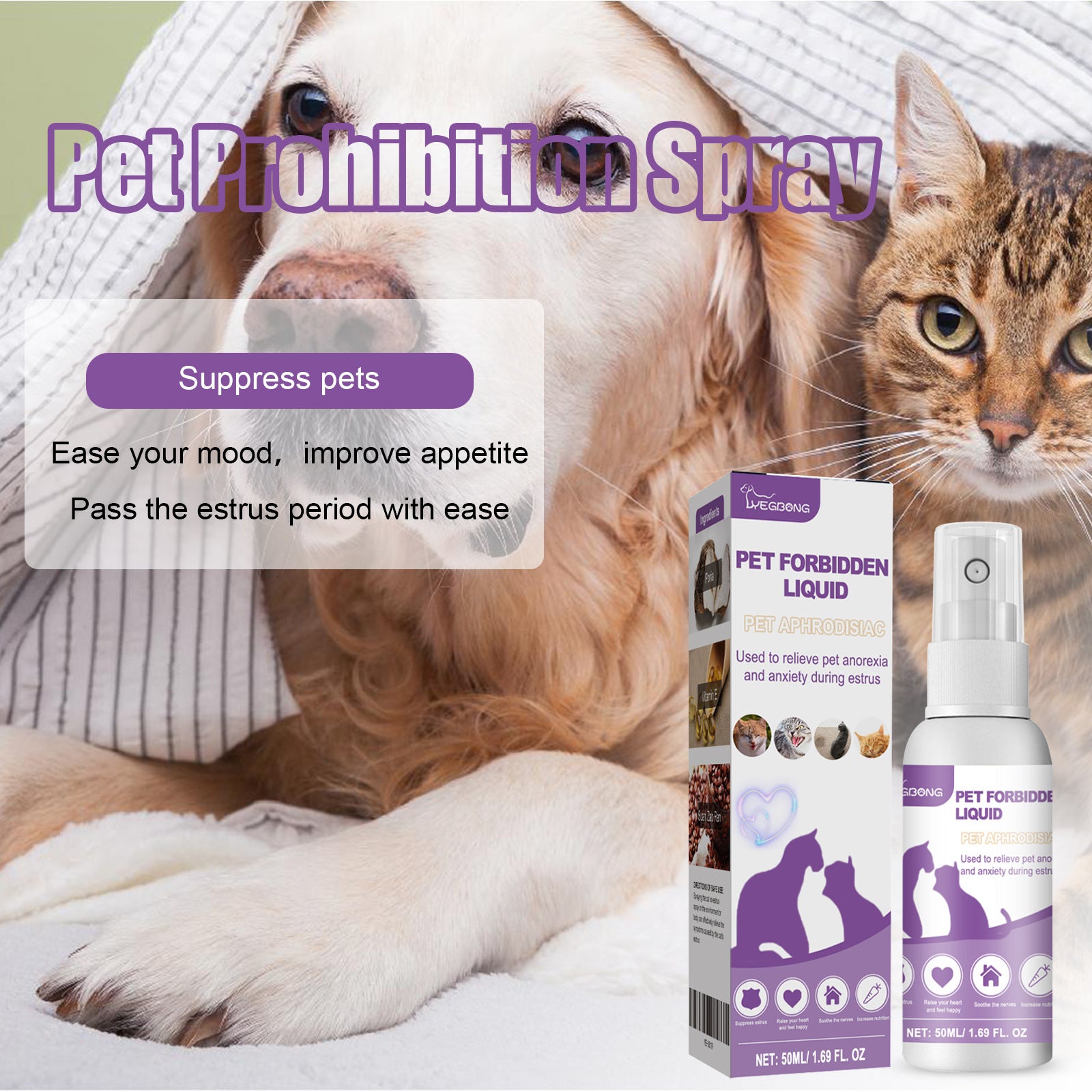 Spray calmante com feromônio para cães e gatos em fundo branco