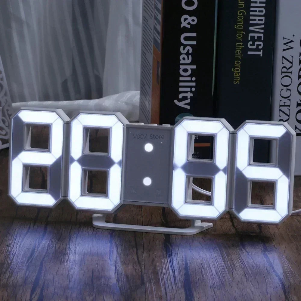 Relógio digital LED 3D de parede com modo noite em fundo branco