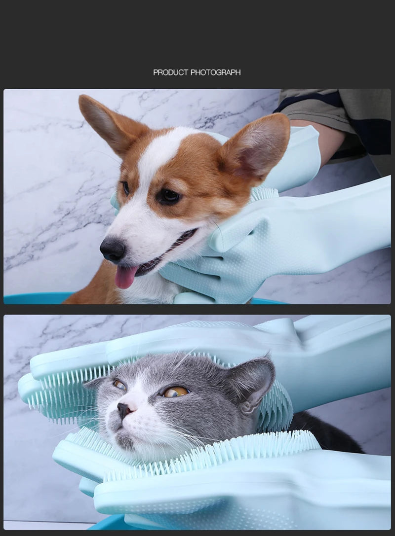 Luva de silicone banho massageadora tira pelos em fundo branco