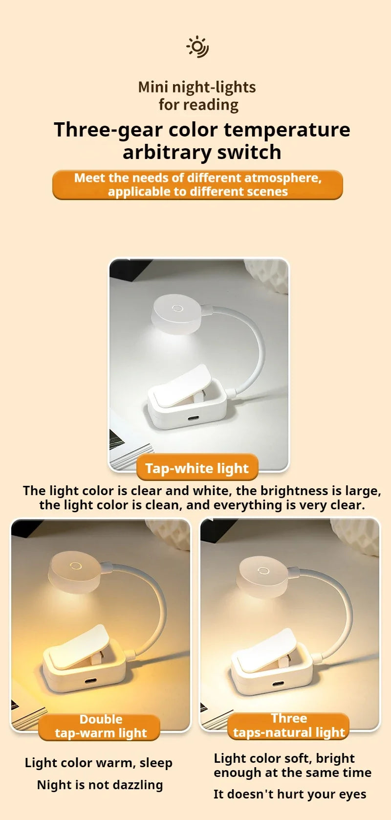 Luminária LED clip ajustável com 3 modos em fundo branco