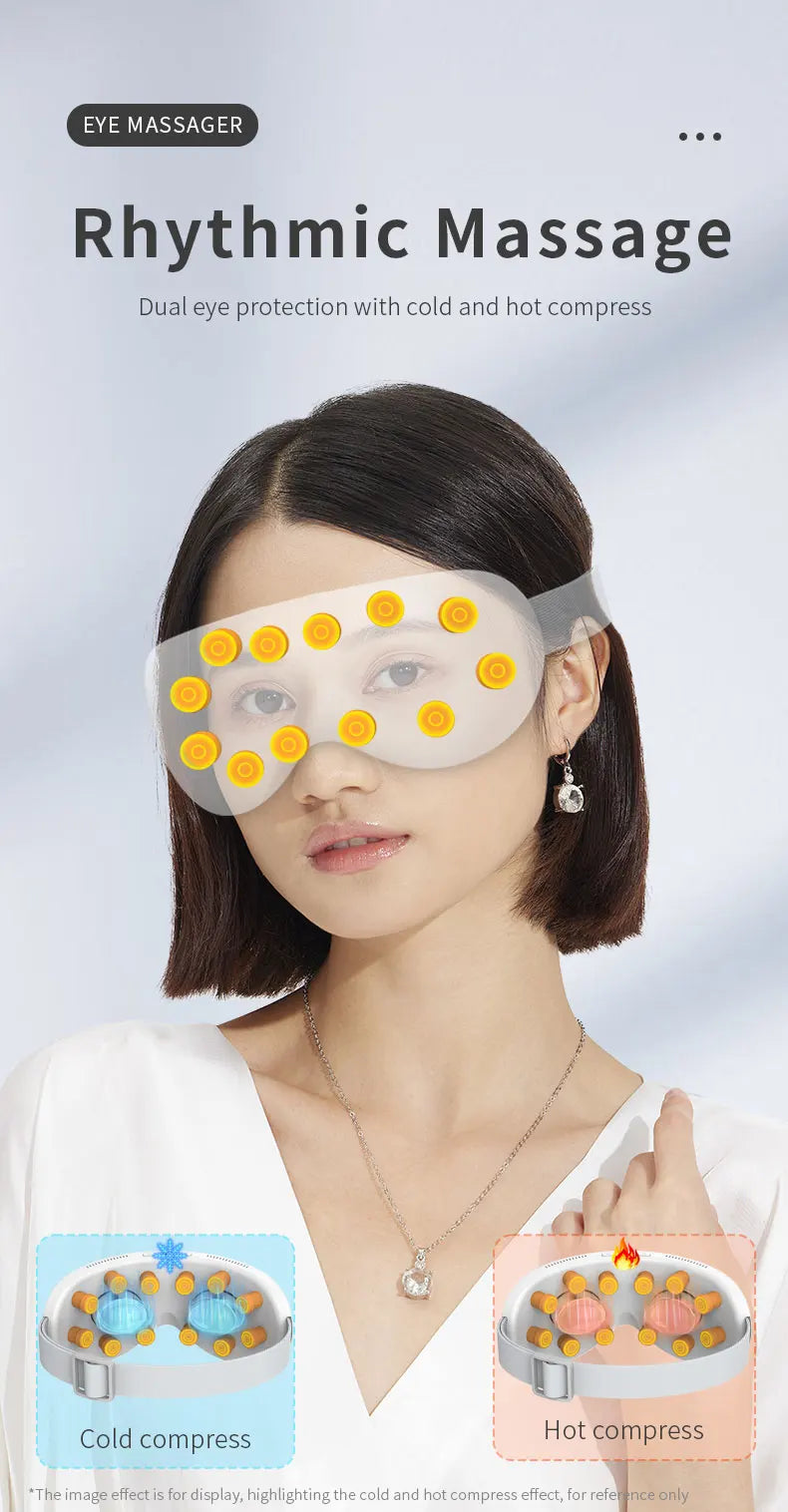 Massageador elétrico para olhos com aquecimento e Bluetooth em fundo branco