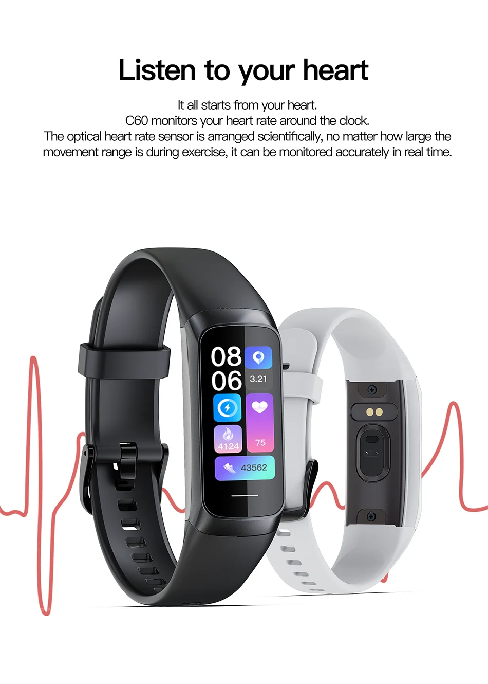 Smartwatch amoled com monitor cardíaco em fundo branco