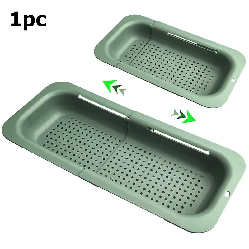 Escorredor retrátil para pia expansível em silicone e aço inox em fundo branco