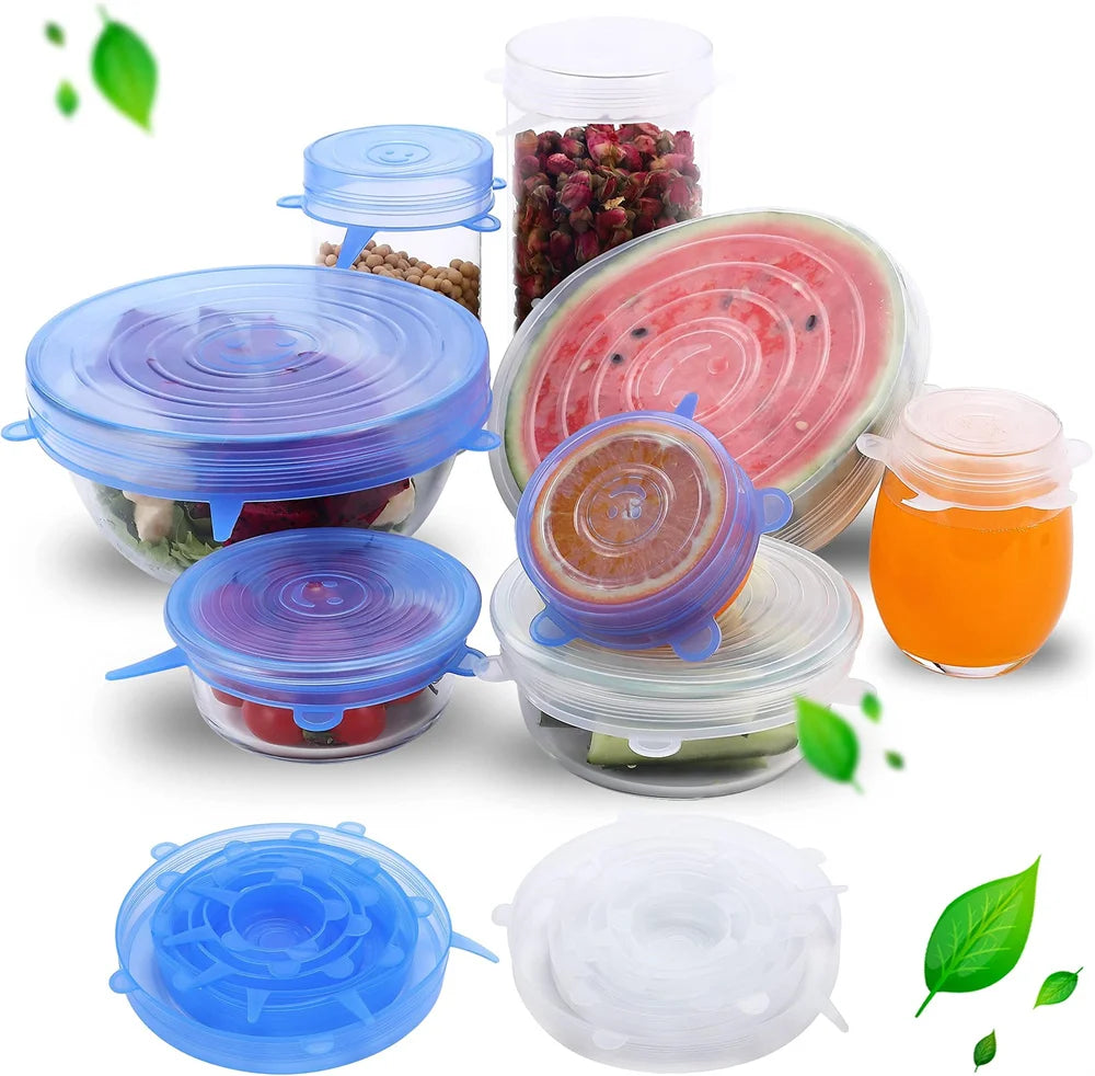 Tampas de silicone reutilizáveis kit 6 peças elásticas para potes em fundo branco