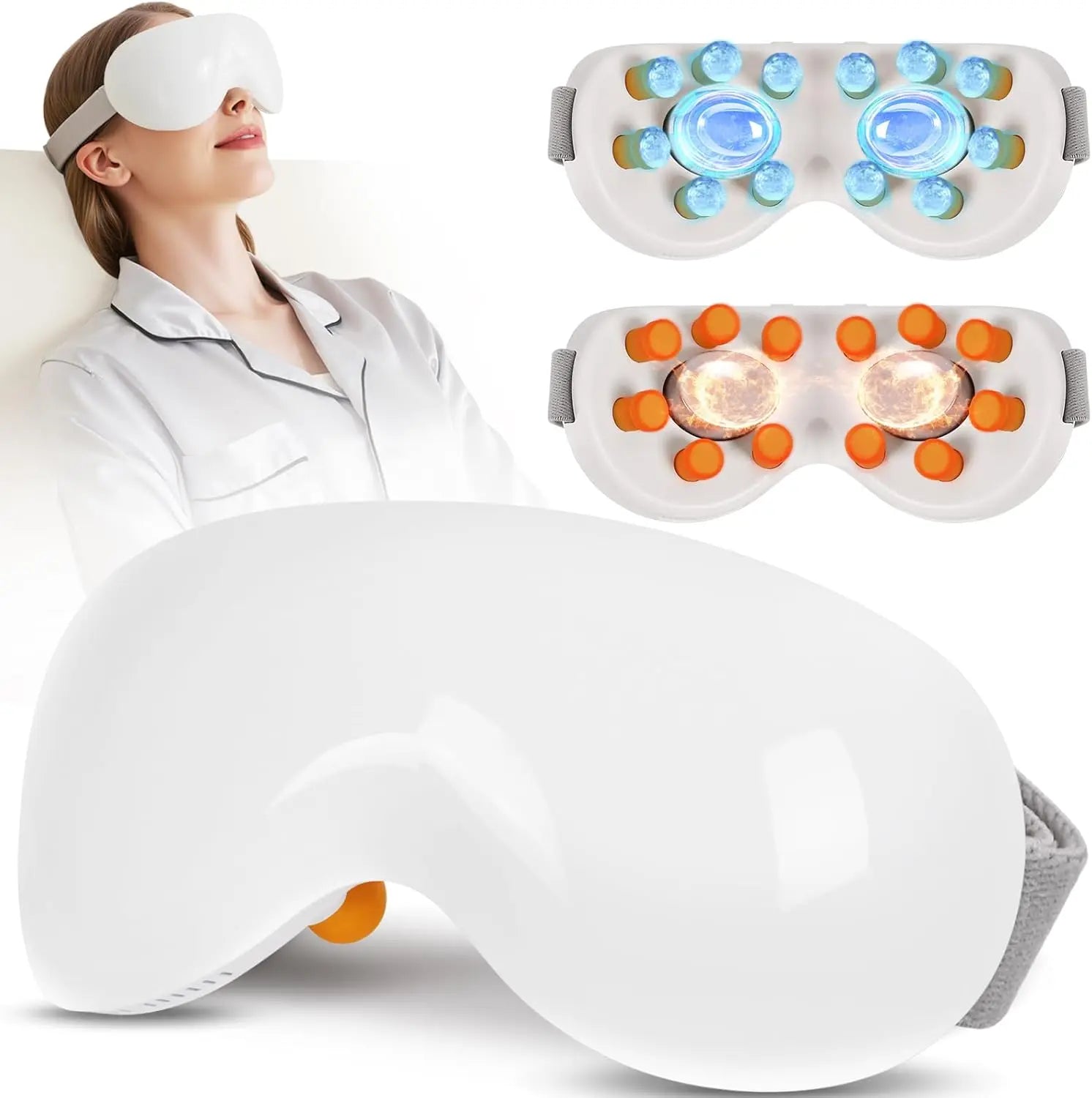 Massageador elétrico para olhos com aquecimento e Bluetooth em fundo branco