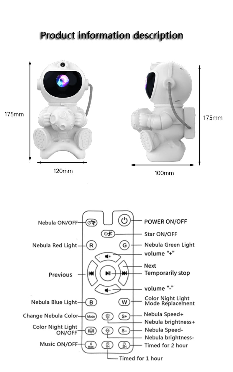 Projetor astronauta galáxia RGB com Bluetooth em fundo branco