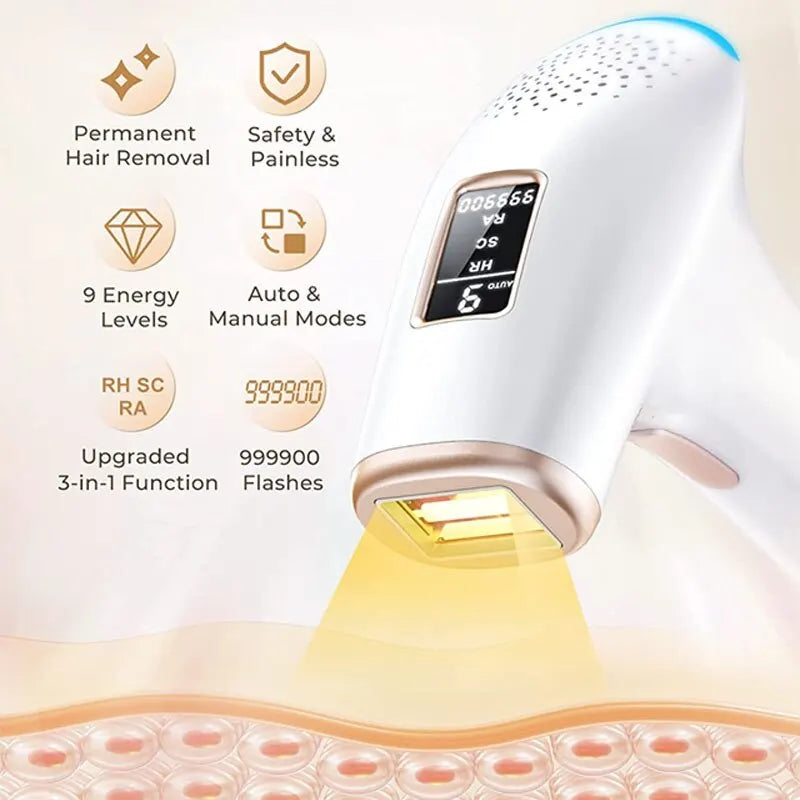Depilador IPL com 999 mil flashes luz pulsada permanente em fundo branco