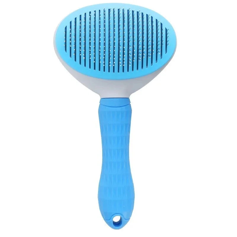 Escova tira pelos autolimpante para cães e gatos em fundo branco