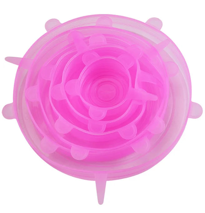 Tampas de silicone reutilizáveis kit 6 peças elásticas para potes em fundo branco