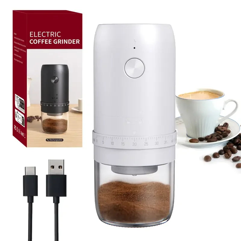 Moedor de café elétrico portátil USB com ajuste de moagem em fundo branco