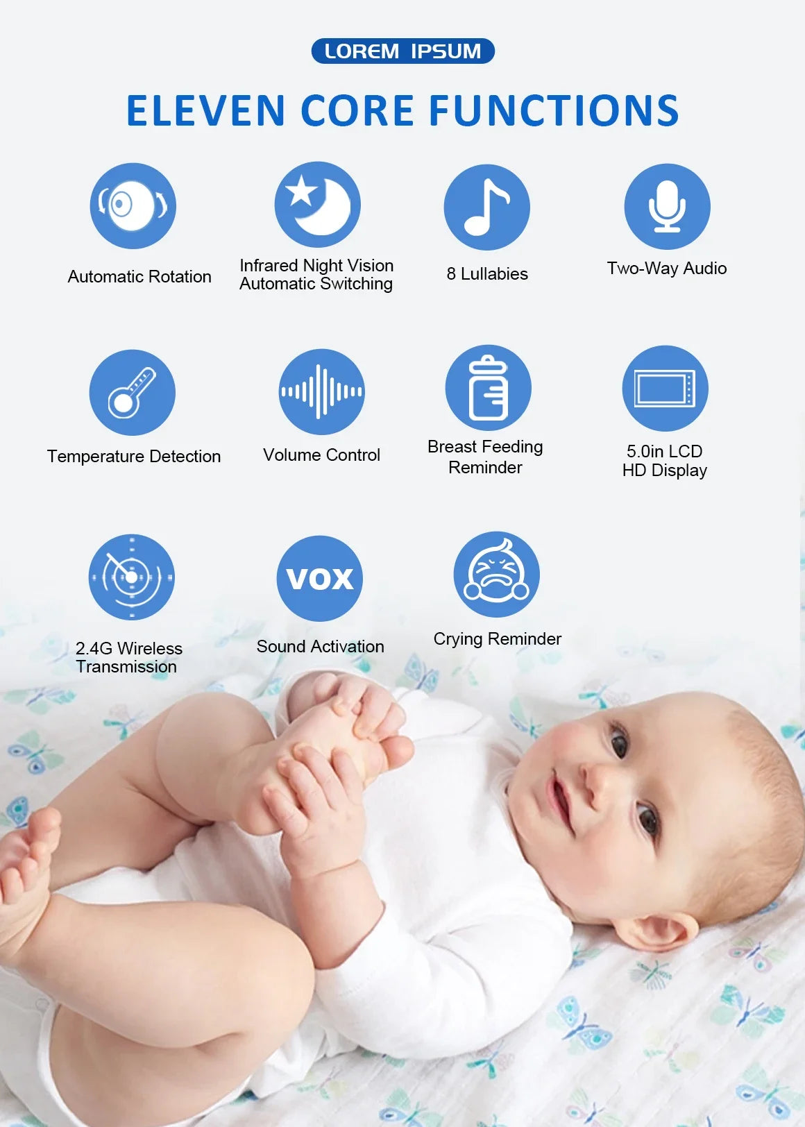 Babá eletrônica sem fio com tela 5 polegadas e visão noturna em fundo branco