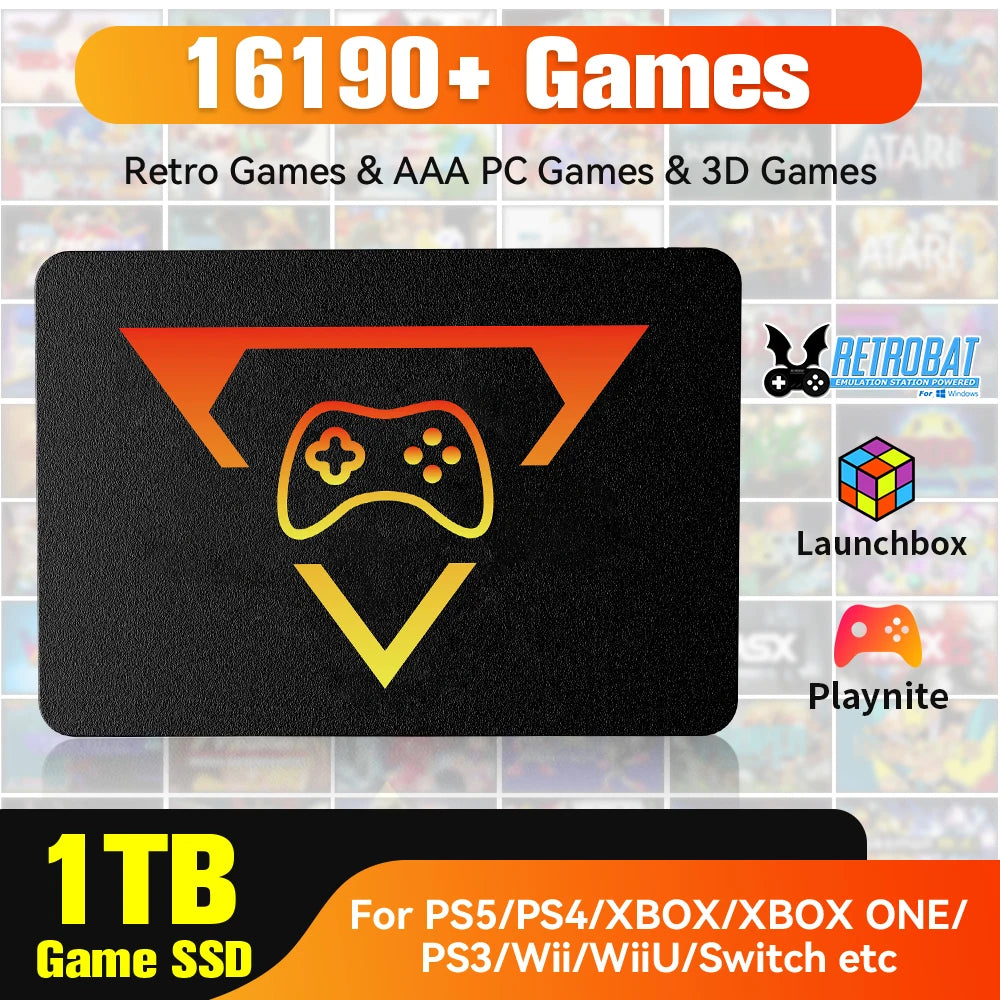 Video Game Portátil 1TB com +16 Mil Jogos Inclusos e 2 Controles Sem Fio em fundo branco