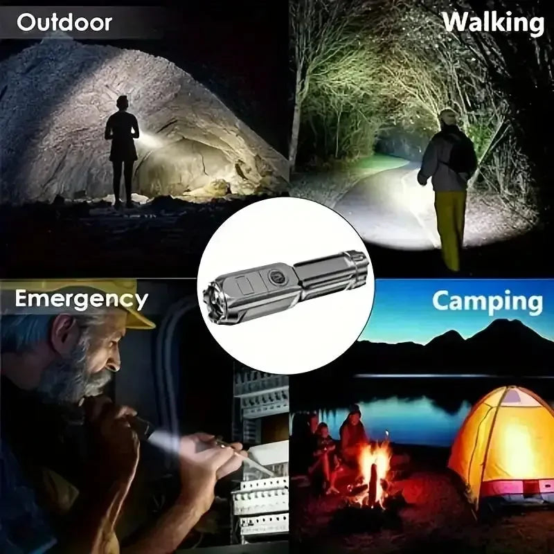 Lanterna LED tática recarregável USB à prova d'água em fundo branco