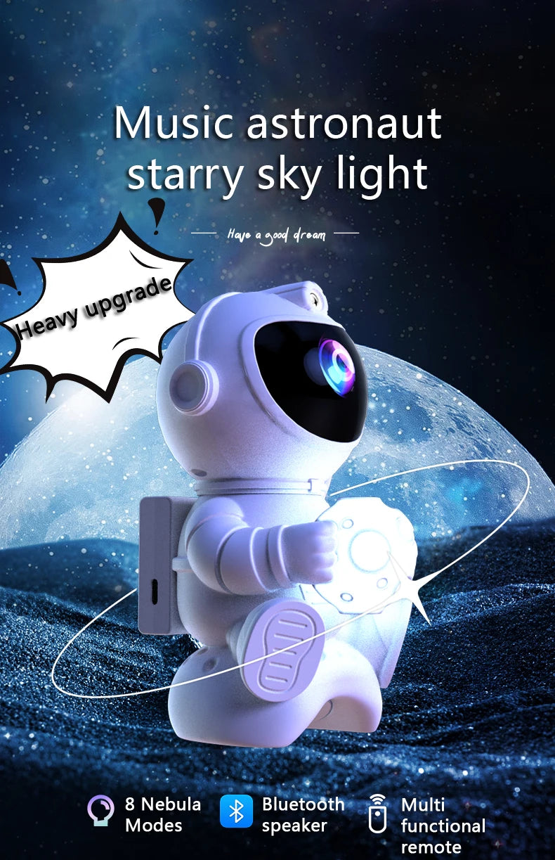 Projetor astronauta galáxia RGB com Bluetooth em fundo branco