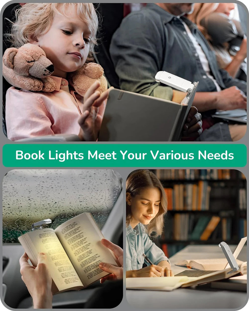 Luminária de leitura clip para livros com 3 cores em fundo branco