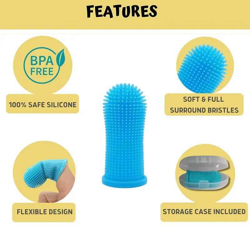 Escova de dedo para cães e gatos em silicone macio para limpeza dental em fundo branco