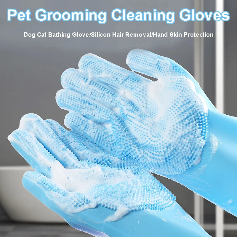 Luva de silicone banho massageadora tira pelos em fundo branco