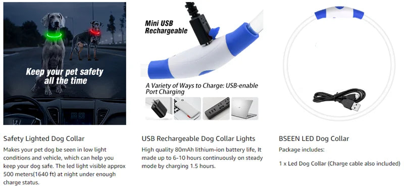 Coleira LED USB recarregável para cães em fundo branco