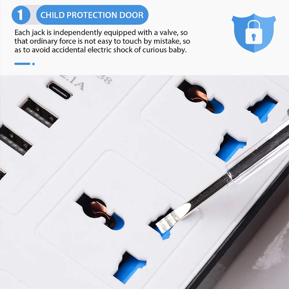 Extensão elétrica régua universal múltiplos plugues bivolt em fundo branco