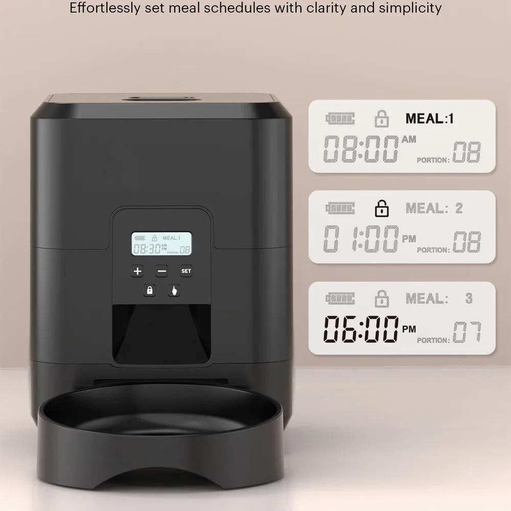 Comedouro automático para pets com timer programável e dispenser inteligente em fundo branco