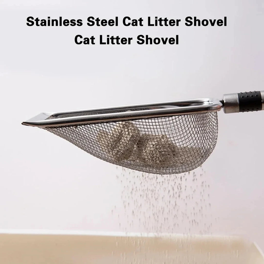 Pá higiênica aço inox para caixa de areia de gato em fundo branco