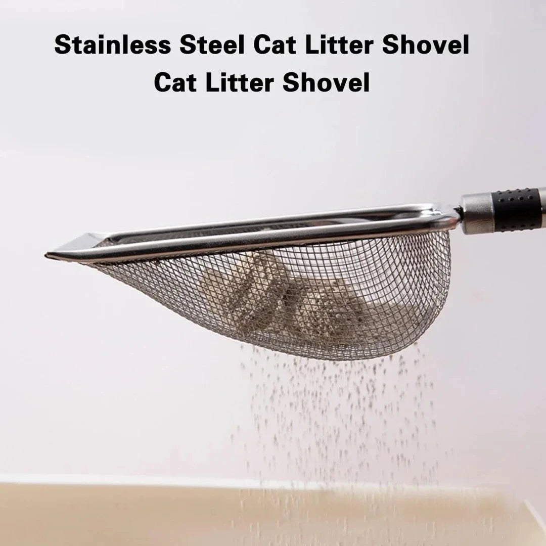 Pá higiênica aço inox para caixa de areia de gato em fundo branco