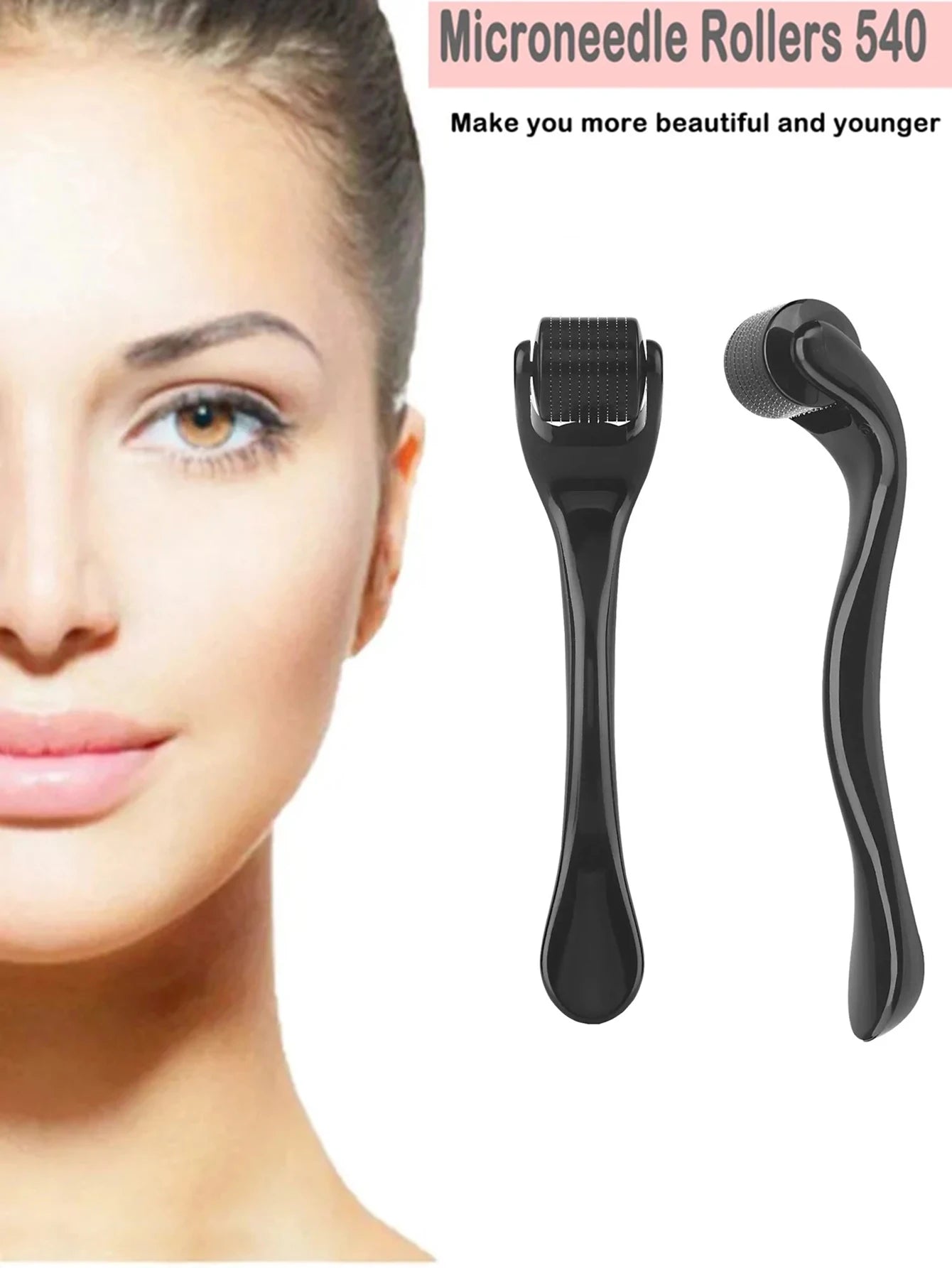 Dermaroller 540 agulhas de titânio para microagulhamento facial em fundo branco