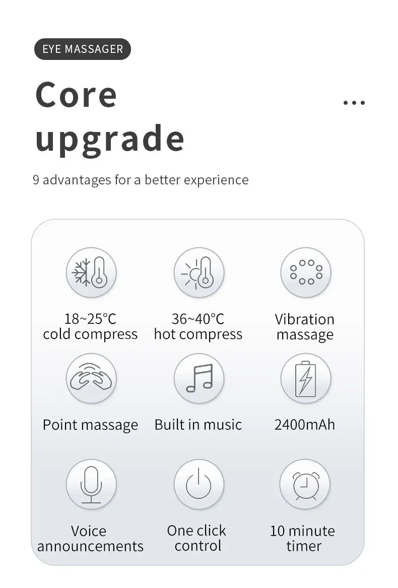 Massageador elétrico para olhos com aquecimento e Bluetooth em fundo branco