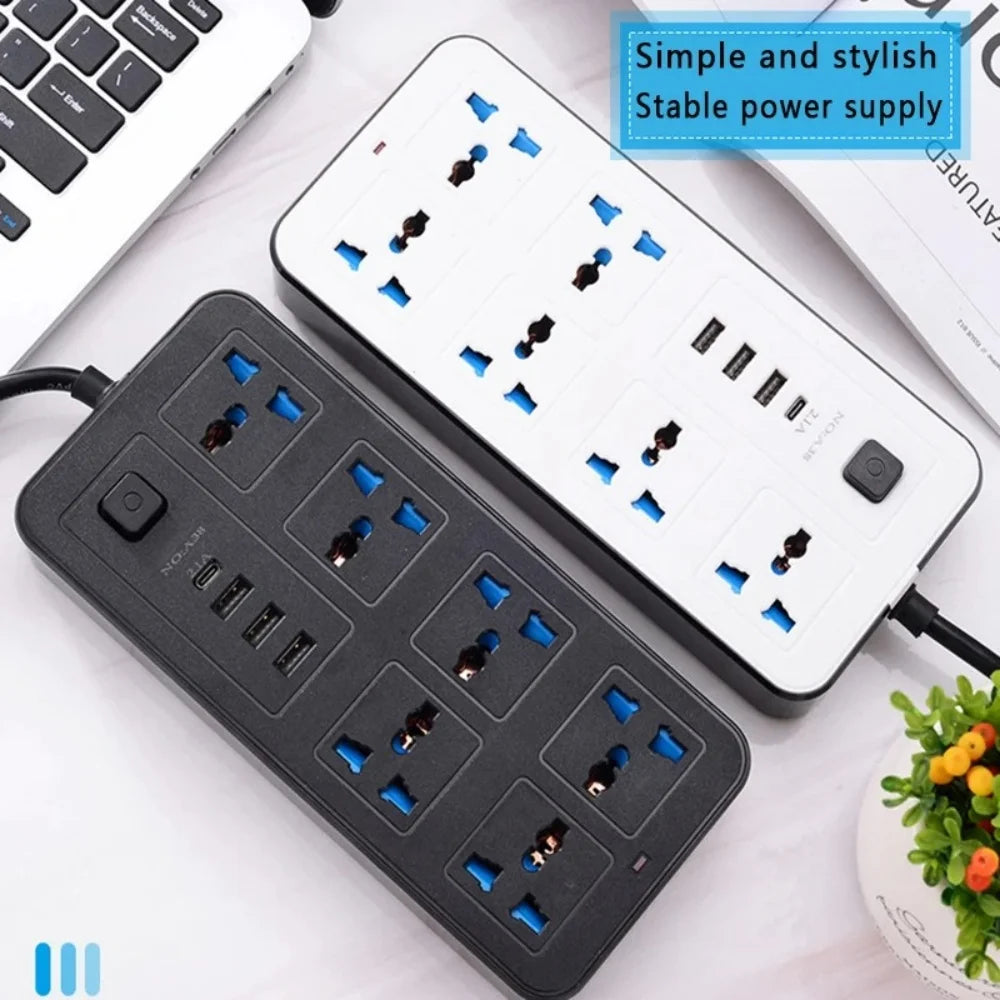 Extensão elétrica régua universal múltiplos plugues bivolt em fundo branco