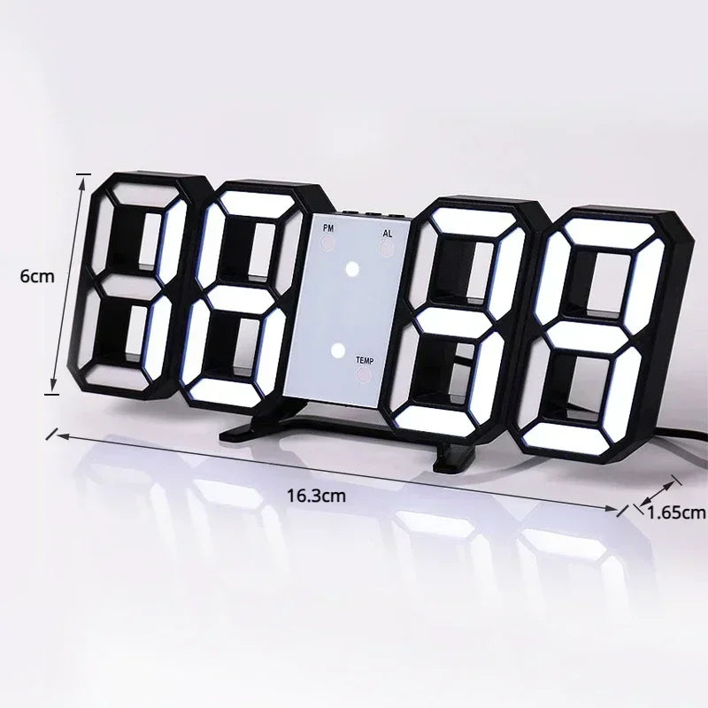 Relógio digital LED 3D de parede com modo noite em fundo branco